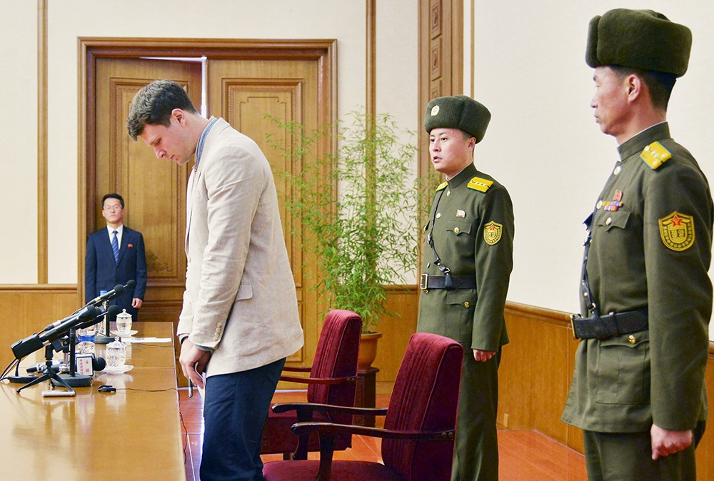 REUTERS  Kyodo					
		
			Warmbier appeared at a press conference — his first public appearance in two months — in Pyongyang Sunday