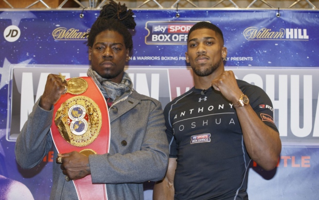 Anthony Joshua and Charles Martin during a press conference at the Four Seasons Hotel London