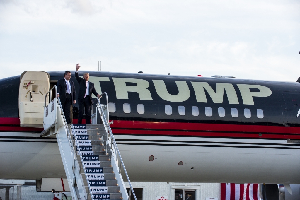 YOUNGSTOWN OH- MARCH 14 Republican presidential candidate Donald Trump and New Jersey Governor Chris Christie prepare to speak to supporters at Youngstown Airport