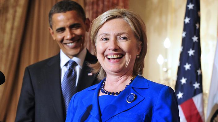 2010 shows US President Barack Obama looks on as then US Secretary of State Hillary Rodham Clinton