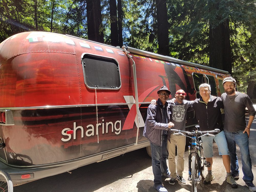 From left Eluemuno Blyden Chaka Hayes John Hazlewood and Tom Llewellyn- who are promoting the sharing economy via an international bike ride- stopped in San Francisco on their journey