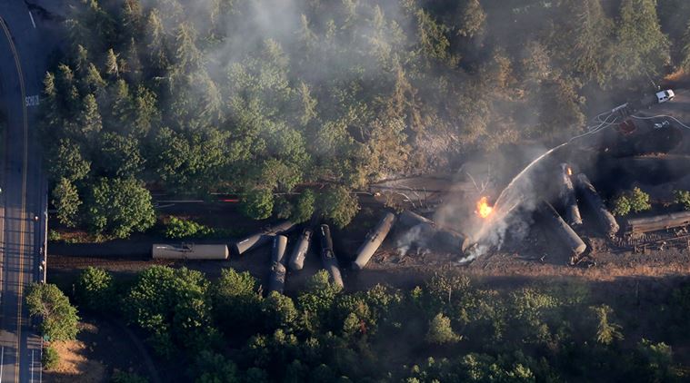 Oregon train derailment Portland train derailment Oregon train derail crude oil train derailed derailed train in fire Fire near Columbia River gorge Train ablaze in Oregon Train ablaze in Portland