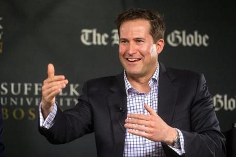 Congressman Seth Moulton was interviewed by Globe reporter Josh Miller at Suffolk University in March