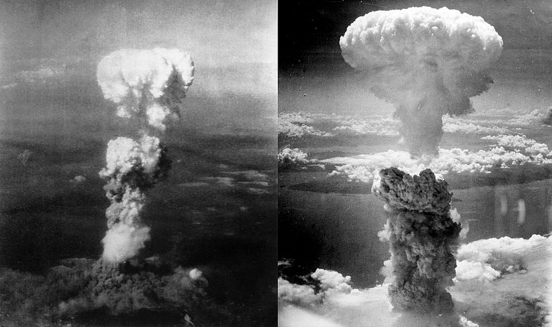 Atomic bomb mushroom clouds over Hiroshima and Nagasaki