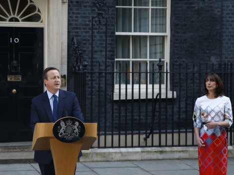 Britain's Prime Minister David Cameron accompanied by his wife Samantha speaks to the media in front of 10 Downing St. on Friday as he announces his resignation following Britain's vote to leave the EU