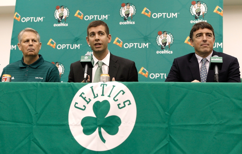 Jul 5 2013 Waltham MA USA Boston Celtics general manager Danny Ainge left and owner Wyc Grousbeck right listen as new Boston Celtics head coach Brad Stevens answers a question during a news conference announcing Stevens new position. Mandatory Cr