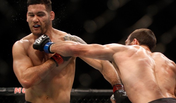 Chris Weidman and Luke Rockhold in their middleweight title fight during UFC 194