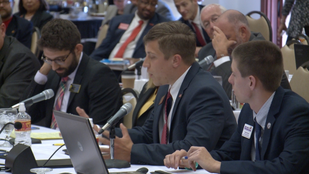 Cole Staudt of the Iowa State Student Government speaks to the Board of Regents