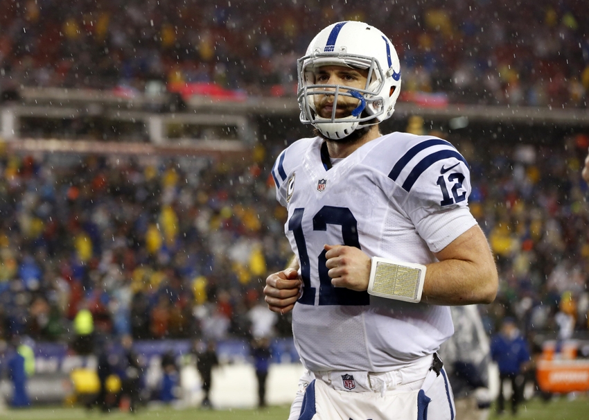 Jan 18 2015 Foxborough MA USA Indianapolis Colts quarterback Andrew Luck runs off the field after losing to the New England Patriots in the AFC Championship Game at Gillette Stadium. Mandatory Credit Greg M. Cooper-USA TODAY Sports