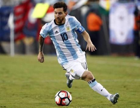 Jun 18 2016 Foxborough MA USA Argentina midfielder Lionel Messi carries the ball during the second half of Argentina's 4-1 win over Venezuela in quarter-final play in the 2016 Copa America Centenario soccer tournament at Gillette Stadium. M