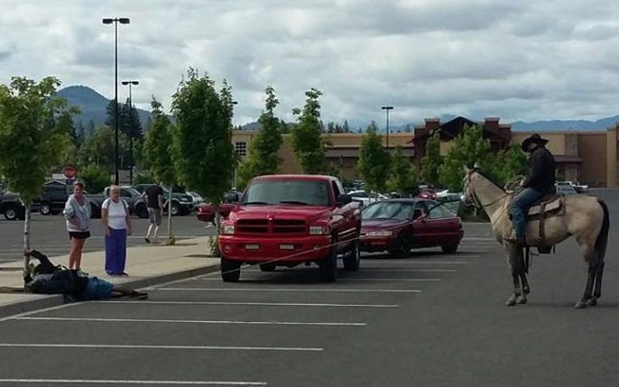 Robert Borba remains sat on his horse after lassoing the suspected bike thief