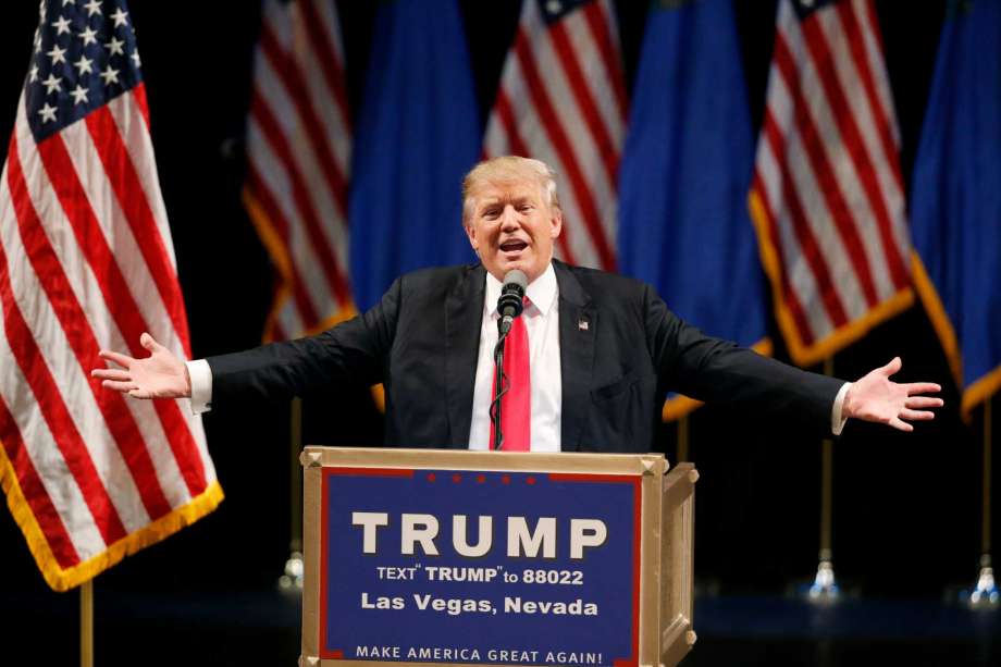 Republican presidential candidate Donald Trump speaks at the Treasure Island hotel and casino Saturday