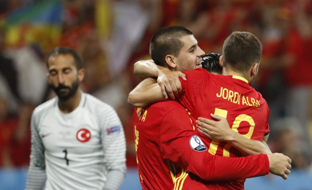 Spain celebrates their third goal against Turkey in a 3-0 victory Friday at Euro 2016