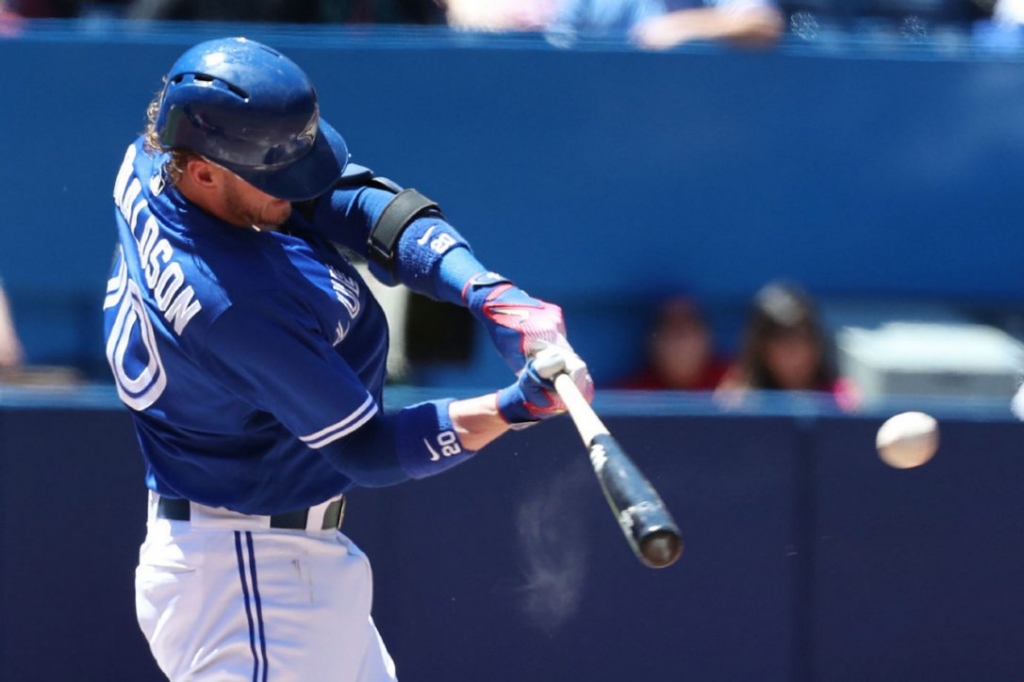 Josh Donaldson hits his second double of the game as the Toronto Blue Jays play an afternoon game against the Philadelphia Phillies in Toronto