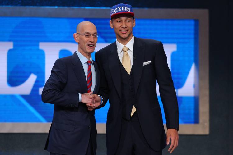 LSU’s Ben Simmons right and NBA Commissioner Adam Silver posed together after the Philadelphia 76ers chose Simmons with the No. 1 pick in the NBA Draft