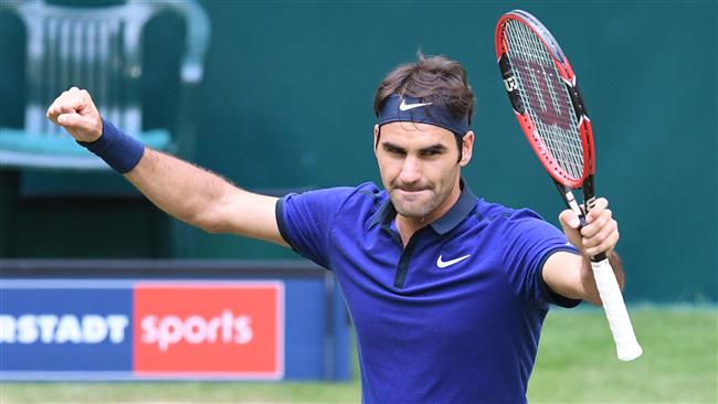 Roger Federer from Switzerland reacts after he won against Jan Lennard Struff from Germany during the ATP Tournament in Halle Germarn Germany