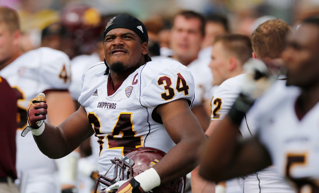 Zurlon Tipton #34 of the Central Michigan Chippewas gets pumped up after the National Anthem prior to playing the Michigan Wolverines at Michigan Stadium