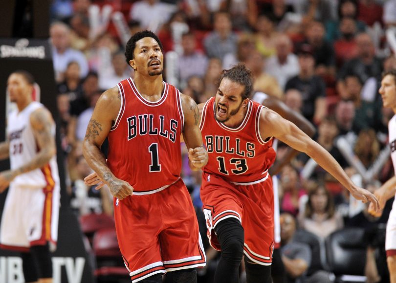 Apr 9 2015 Miami FL USA Chicago Bulls center Joakim Noah reacts after guard Derrick Rose drives to the basket against the Miami Heat during the second half at American Airlines Arena. Mandatory Credit Steve Mitchell-USA TODAY Sports