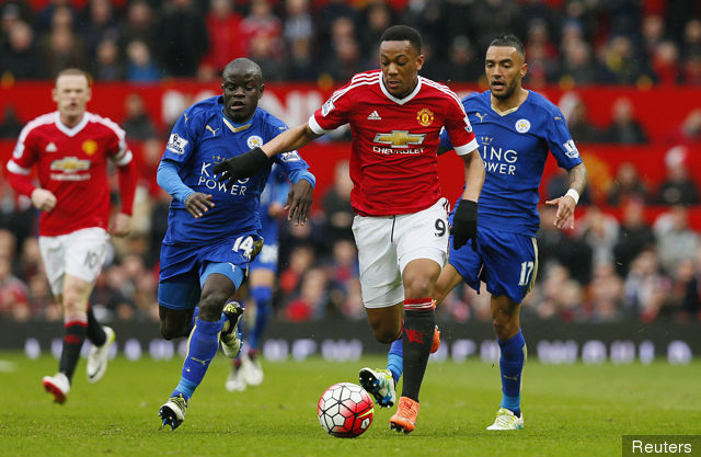 Leicester City's N'Golo Kante in action with Manchester United's Anthony Martial