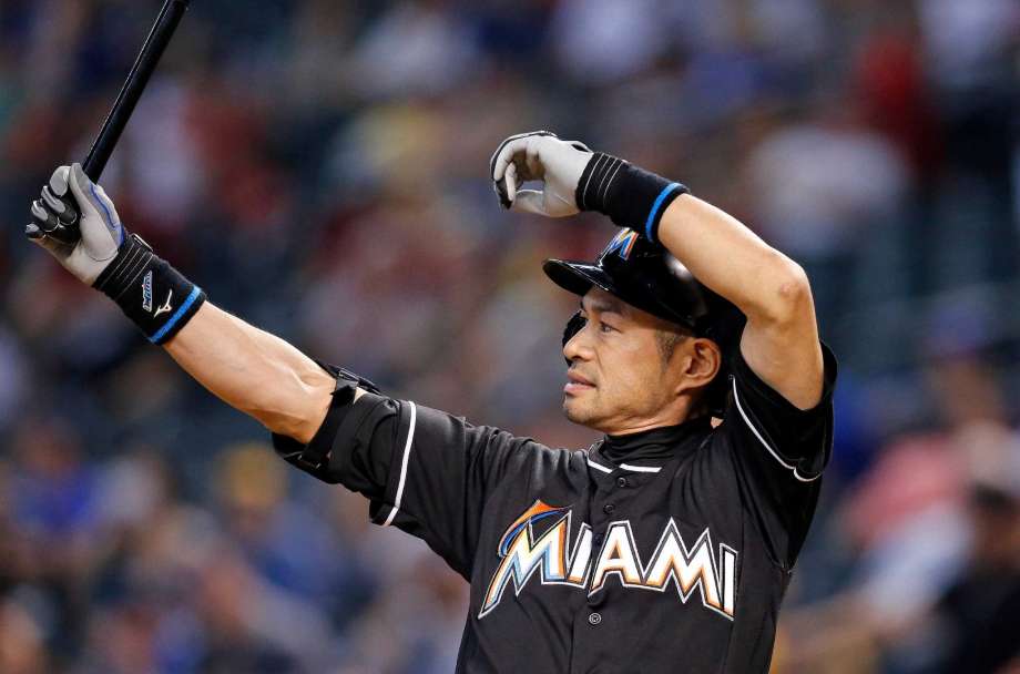 Miami Marlins Ichiro Suzuki of Japan steps in to bat against the Arizona Diamondbacks during the ninth inning of a baseball game Sunday