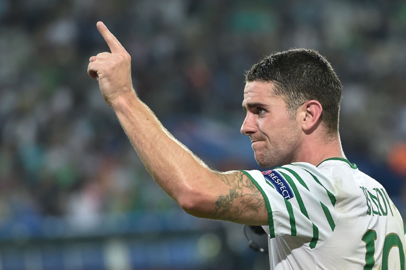 Ireland's midfielder Robert Brady celebrates scoring a goal during the Euro 2016 group E football match between Italy and Ireland at the Pierre Mauroy stadium in Villeneuve-d'Ascq near Lille