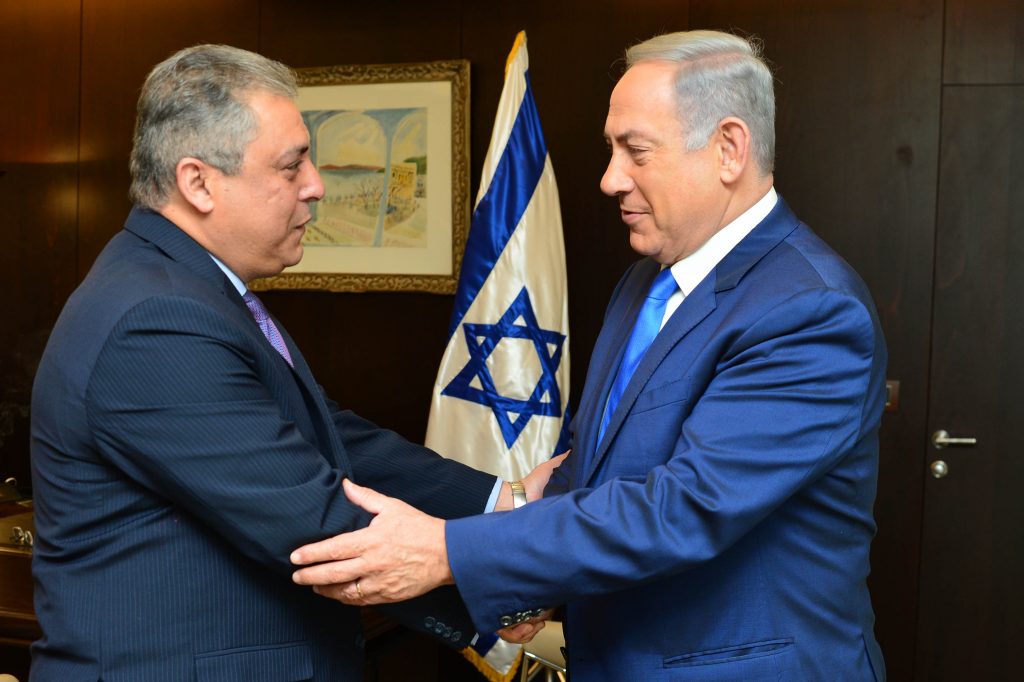 Binyamin Netanyahu welcomes Egyptian ambassador to Israel Hazem Khairat at the Knesset