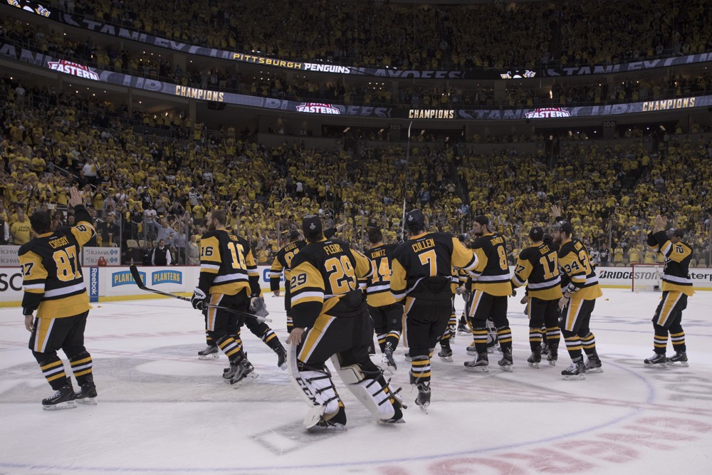 26 May 2016 The Pittsburgh Penguins celebrate at center ice after a 2-1 against the Tampa Bay Lightning in the Eastern Conference Finals of the 2016 NHL Stanley Cup Playoffs at the Consol Energy Center in Pittsburgh Pennsylvania. The Pittsburgh Penguins