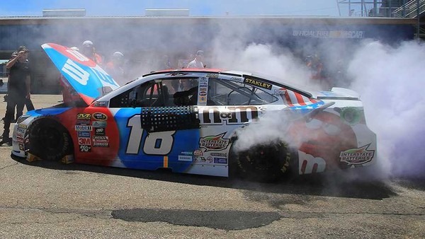 Kyle Busch's engine has major problems igniting a fire in the No. 18 Toyota