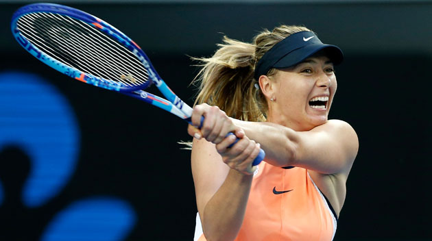 Maria Sharapova of Russia plays a backhand in her first round match against Nao Hibino of Japan during day one of the 2016 Australian Open at Melbourne Park