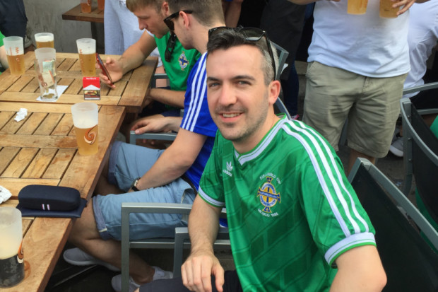 Northern Ireland supporter and Best Man Chris Rodgers outside the Ma Nolan's Irish pub in Nice France ahead of his team's opening match against Poland in Euro 2016