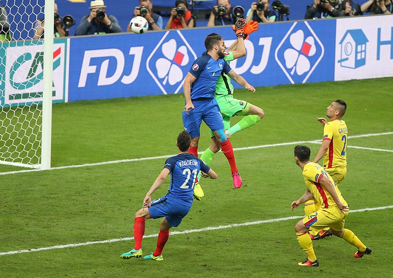 10 June 2016- UEFA Euro 2016- France v Romania Olivier Giroud heads the opening goal for France