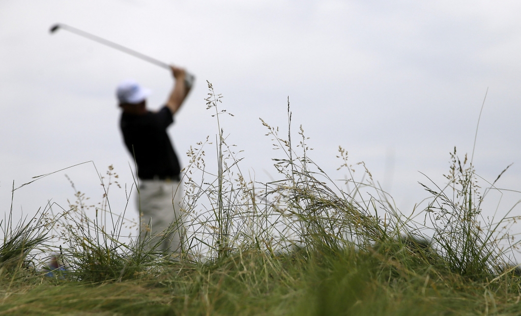 Ernie Els of South Africa watches his tee shot on the seventh hole during a practice round for the U.S. Open golf championship at Oakmont Country Club on Wednesday