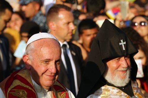 Pope Francis and Catholicos Karekin II at the ecumenical meeting and prayer for peace on Saturday June 25. Credit Edward Pentin  CNA