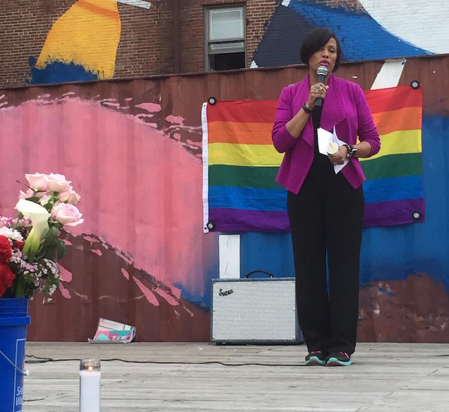 Baltimore Mayor Stephanie Rawlings Blake speaks at a vigil Monday night honoring the victims of a shooting at a gay night club in Orlando