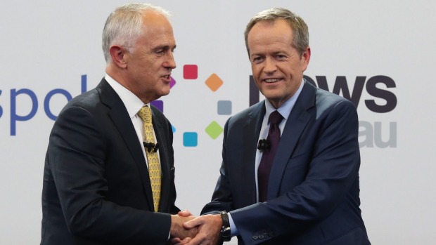 Prime Minister Malcolm Turnbull and Opposition Leader Bill Shorten shake hands at the leaders debate on Friday night