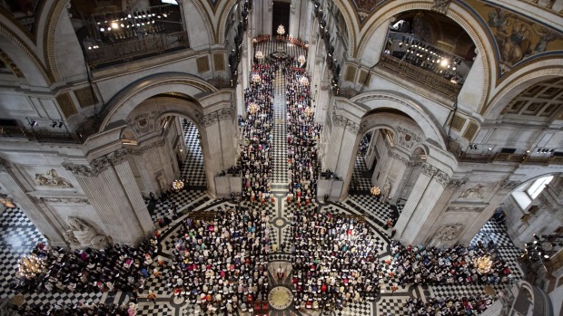 An overhead view of a National Service of Thanksgiving to mark the 90th birthday of Britain's Queen Elizabeth II at St