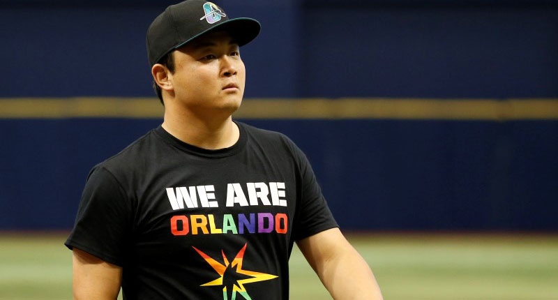 Tampa Bay Rays catcher Hank Conger wears a'We Are Orlando shirt in wake of the Orlando attack prior to the game against the San Francisco Giants at Tropicana Field. Mandatory Credit Kim Klement-USA TODAY Sports- RTX2GV1U