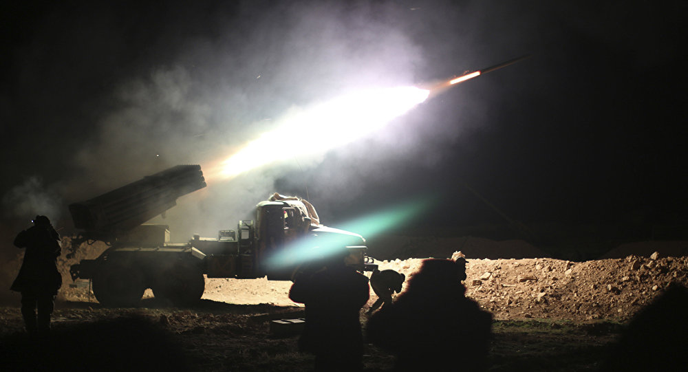 Soldiers from the Syrian army fire a rocket at Islamic State group positions in the province of Raqqa Syria