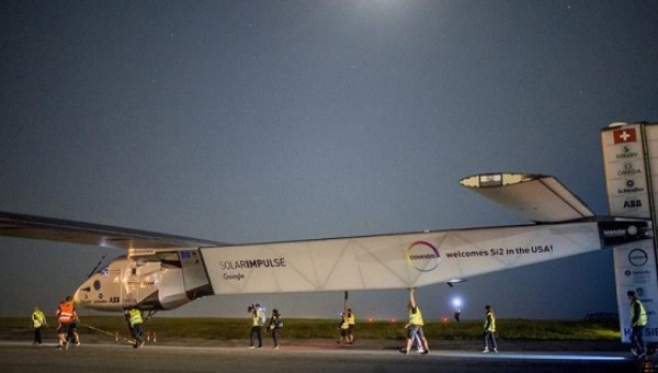 Solar Impulse shows Swiss long-range experimental solar-powered aircraft Solar Impulse 2 taking off from JFK International Airport in New York New York