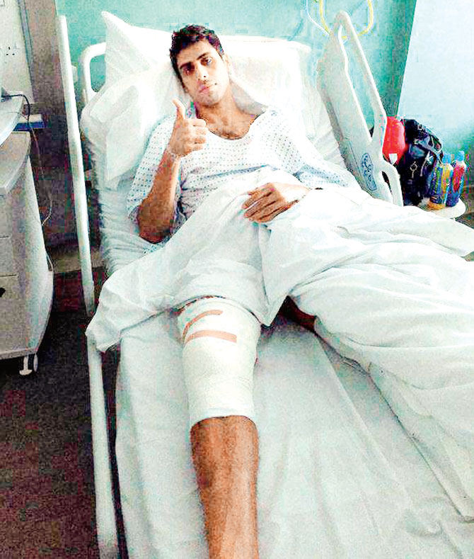 Sunrisers Hyderabad's Ashish Nehra after undergoing a surgery on his right knee in London recently. Pic  PTI