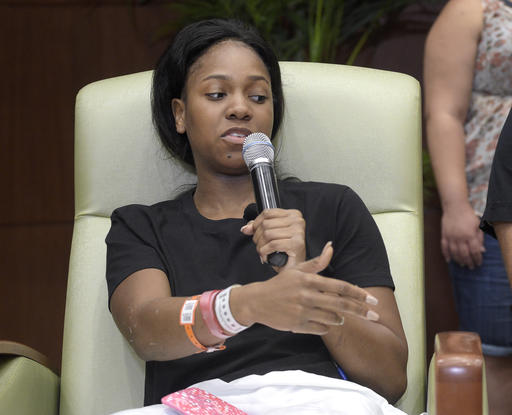 Patience Carter a victim in the Pulse nightclub shooting from Philadelphia speaks of her experience during a news conference at Florida Hospital Orlando Tuesday