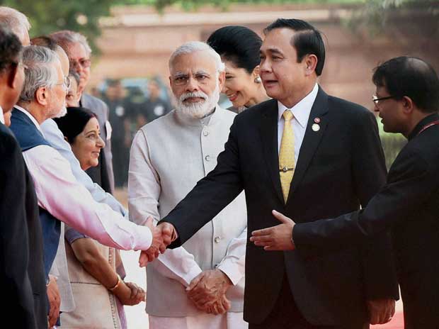 Thai Prime Minister General Prayut Chan-o-cha greeing dignitaries on his arrival in New Delhi on Friday