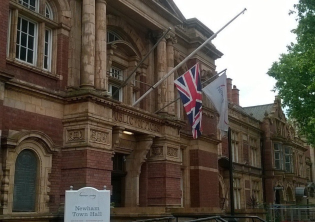 The flag at Newham Town Hall flies at half-mast in tribute to Jo Cox MP