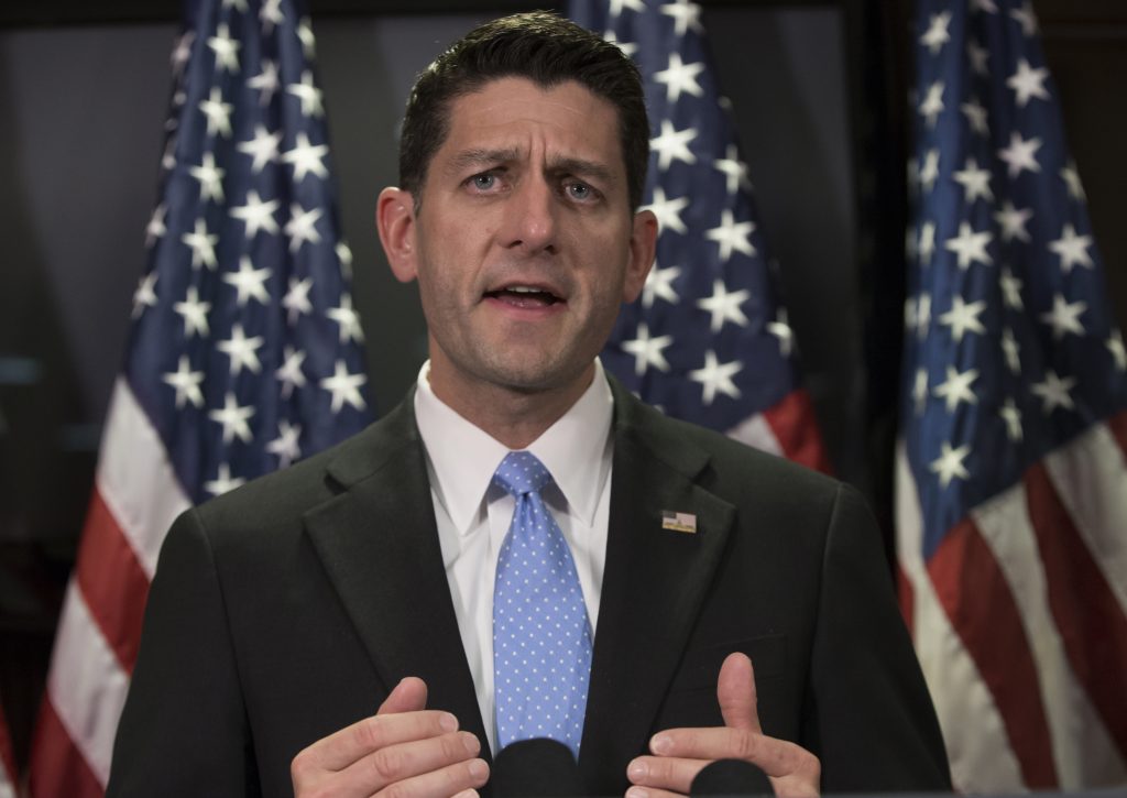 House Speaker Paul Ryan shown here speaking to reporters at the Republican National Committee headquarters on Capitol Hill last week