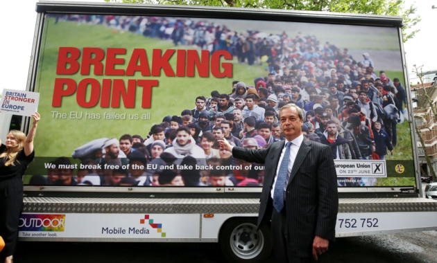 Ukip leader Nigel Farage launches a new Ukip EU referendum poster campaign in Smith Square London