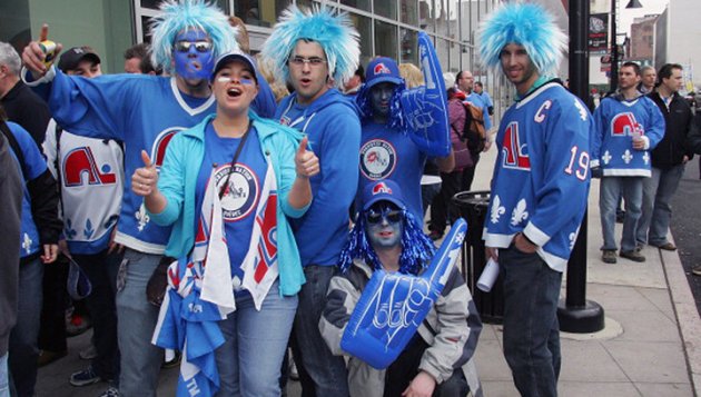 NEWARK NJ- APRIL 10 Fans of the former NHL team Quebec Nordiques pose for