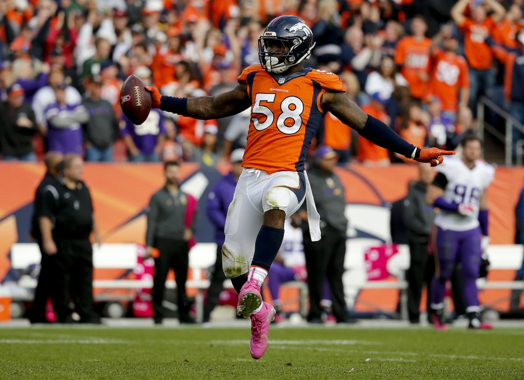 Denver Broncos outside linebacker Von Miller celebrates after sacking Minnesota Vikings quarterback Teddy Bridgewater during an NFL football game in Denver. A person familiar with the matter tells The Associated Pr