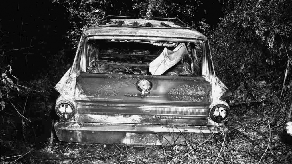 FBI and the State of Mississippi Attorney General's Office the burned-out station wagon that slain civil rights workers James Chaney Andrew Goodman and Mickey Schwerner were driving in is seen in June 1964 in the Bogue Ch