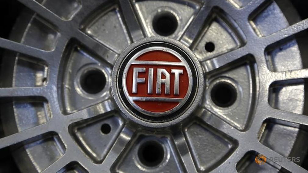 A Fiat logo is seen on the wheel of a Fiat car in Turin in this