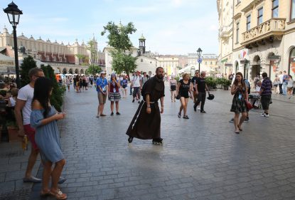 A Franciscan rollerblades along a street July 24 in Krakow Poland ahead of World youth Day